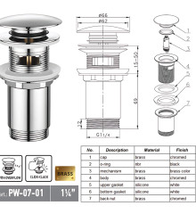 Донний клапан для раковини з переливом KOER PW-07-01 автоматичний (Click-Clack) (Колір хром) 1 1/4'' (KR5782)