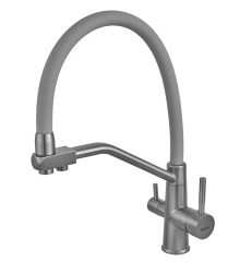 Смеситель для кухни ZERIX FUL-021 GRAPHITE REFL.GRAY с силиконовым изливом, из нерж.стали SUS304 с выходом для питьевой воды (цвет графит, излив серый) (ZX6000)