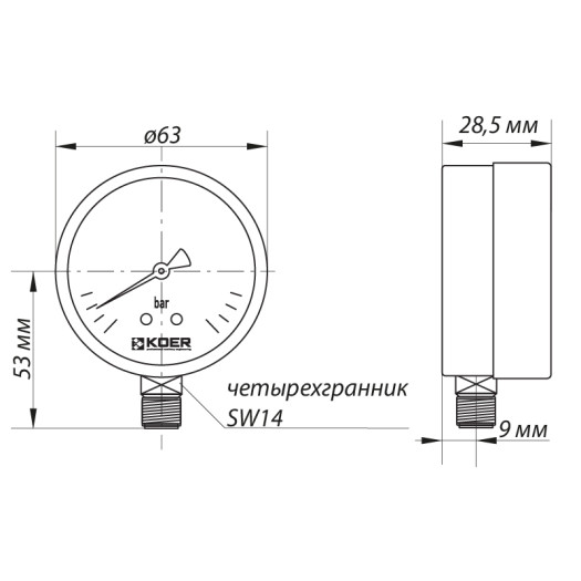 Манометр радиальный (KOER KM.610R) (0-4 bar), D 63мм, 1/4'' (KR0203)